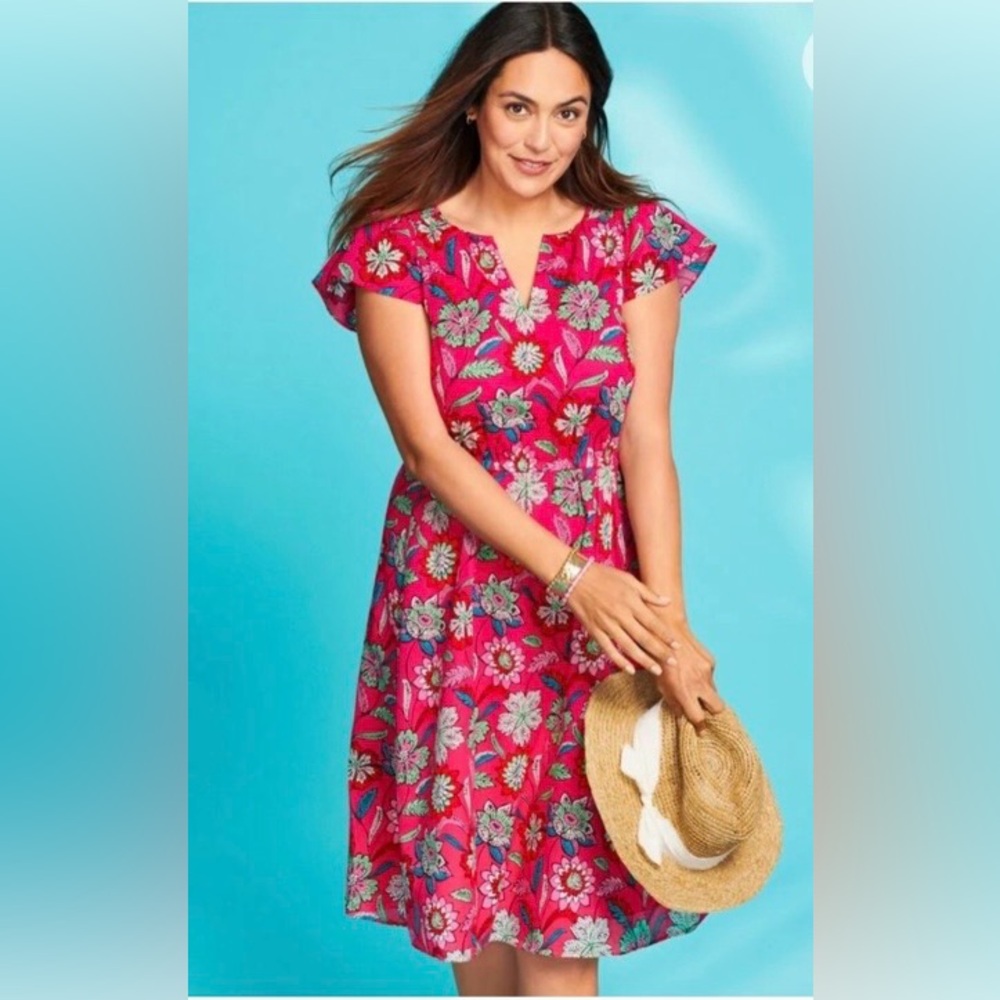 TALBOTS  FLUTTER SLEEVE FIT & FLARE DRESS - BEAUTIFUL BOTANICAL - Picture 2 of 12